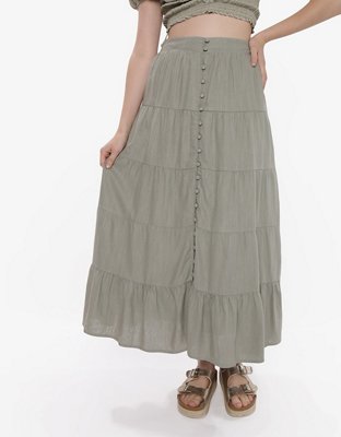 AE Button-Front Tiered Midi Skirt