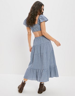 AE Gingham Tiered Midi Skirt