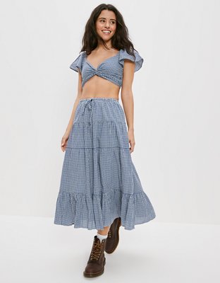 AE Gingham Tiered Midi Skirt | American Eagle