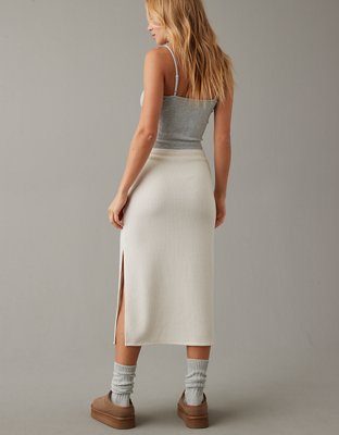 AE Stretch High-Waisted Ribbed Knit Midi Skirt