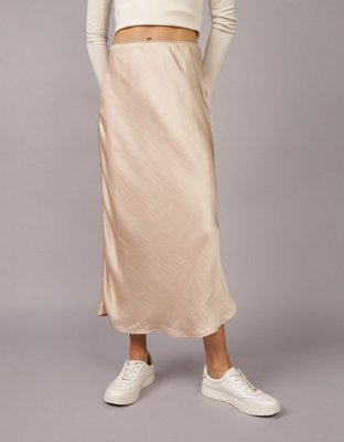 AE High-Waisted Satin Midi Slip Skirt