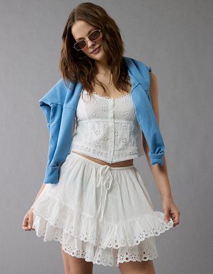 AE High-Waisted Embroidered Ruffle Mini Skirt