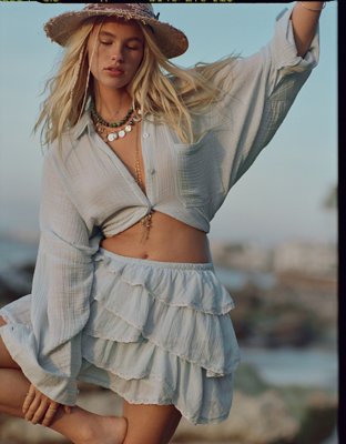 AE High-Waisted Asymmetrical Tiered Ruffle Mini Skirt