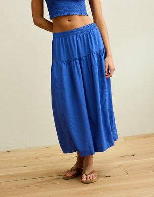 Женская юбка American Eagle AE Mid-Rise Linen-Blend Maxi, цвет: Синий — фото 4