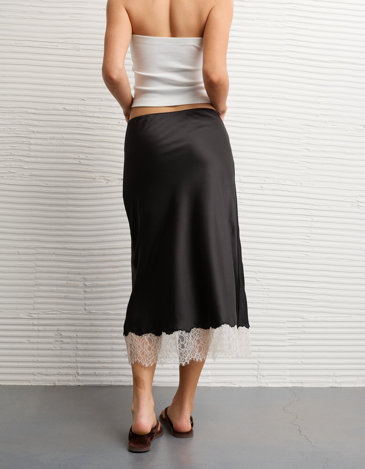 AE Satin Lace Hem Slip Midi Skirt - image 2