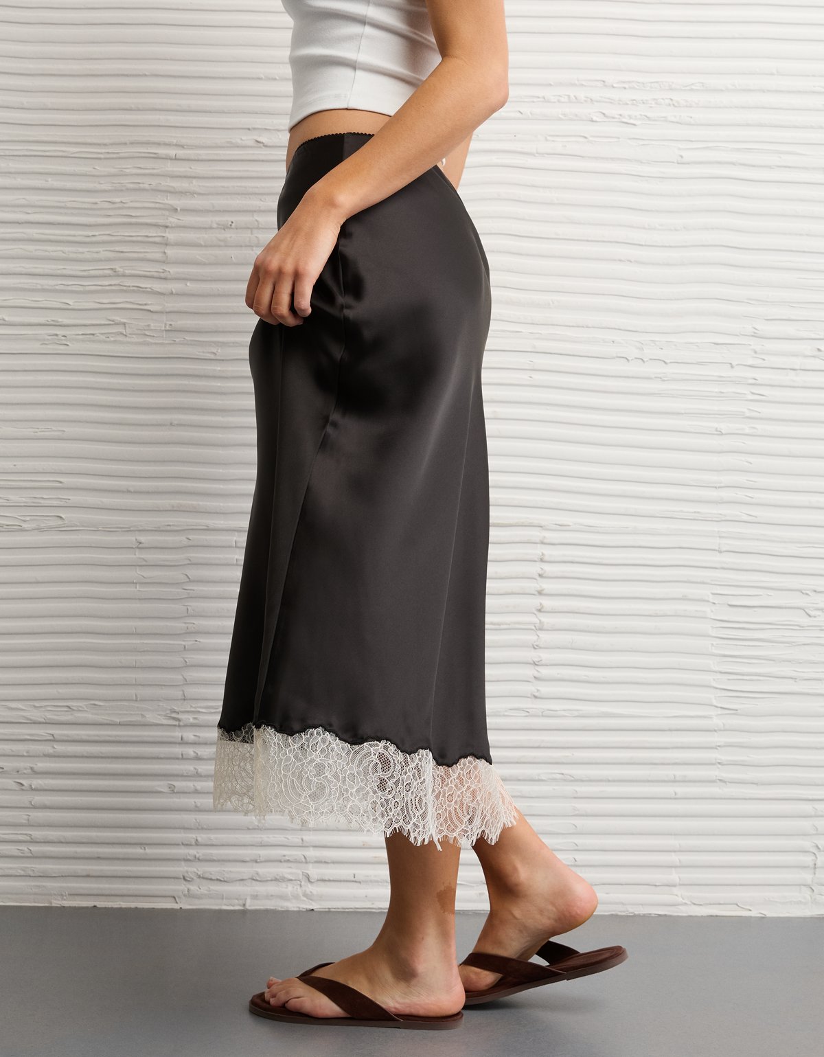 AE Satin Lace Hem Slip Midi Skirt - image 5