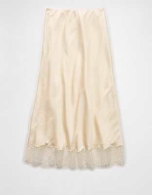 AE Satin Lace Hem Slip Midi Skirt | American Eagle