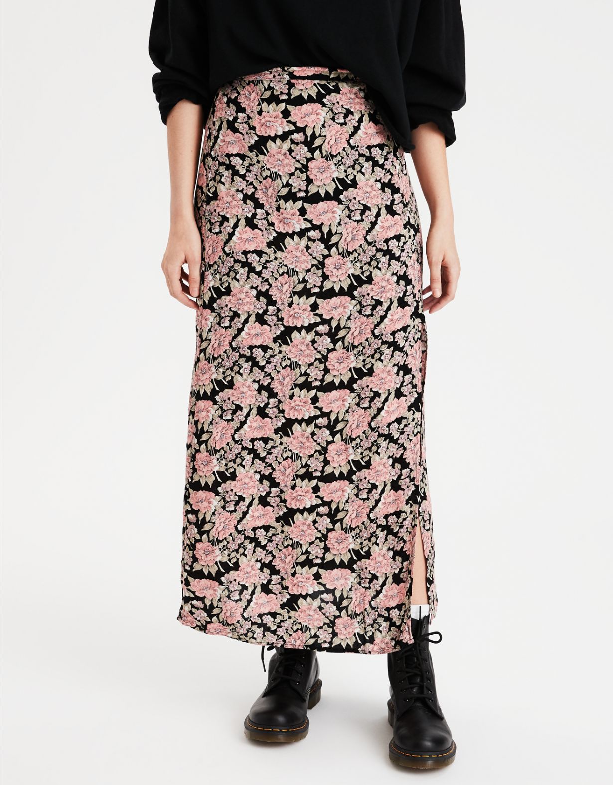 AE High-Waisted Floral Slit Midi Skirt