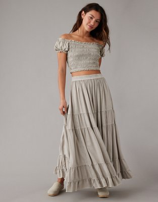 DREFBUFY Maxi Skirt Womens High Waist Pleated Tiered Long Skirts