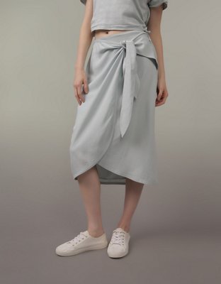AE Linen-Blend Faux Wrap Midi Skirt