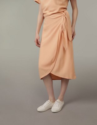 AE Linen-Blend Faux Wrap Midi Skirt