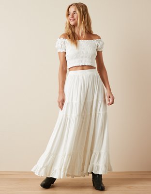 Long Sleeve Cropped Top & V Waist Flared Hem Maxi Skirt