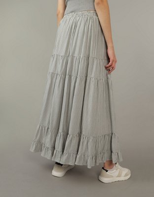 AE High-Waisted Striped Tiered Ruffle Hem Maxi Skirt
