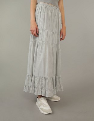 AE High-Waisted Striped Tiered Ruffle Hem Maxi Skirt