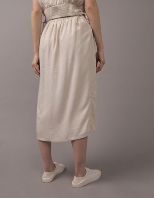 AE Linen-Blend Faux Wrap Midi Skirt
