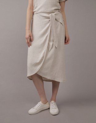 AE Linen-Blend Faux Wrap Midi Skirt