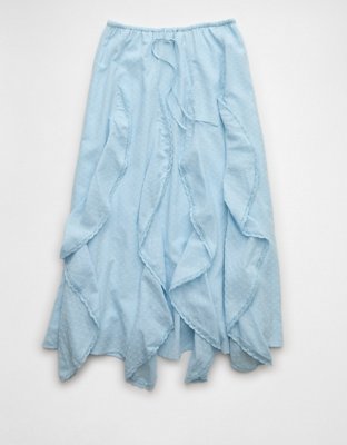 AE High-Waisted Cascade Ruffle Maxi Skirt Womens Light Blue L 21$