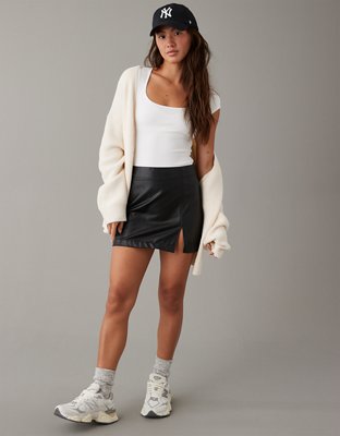 Leather Accent Denim Mini Skirt - Women - Ready-to-Wear