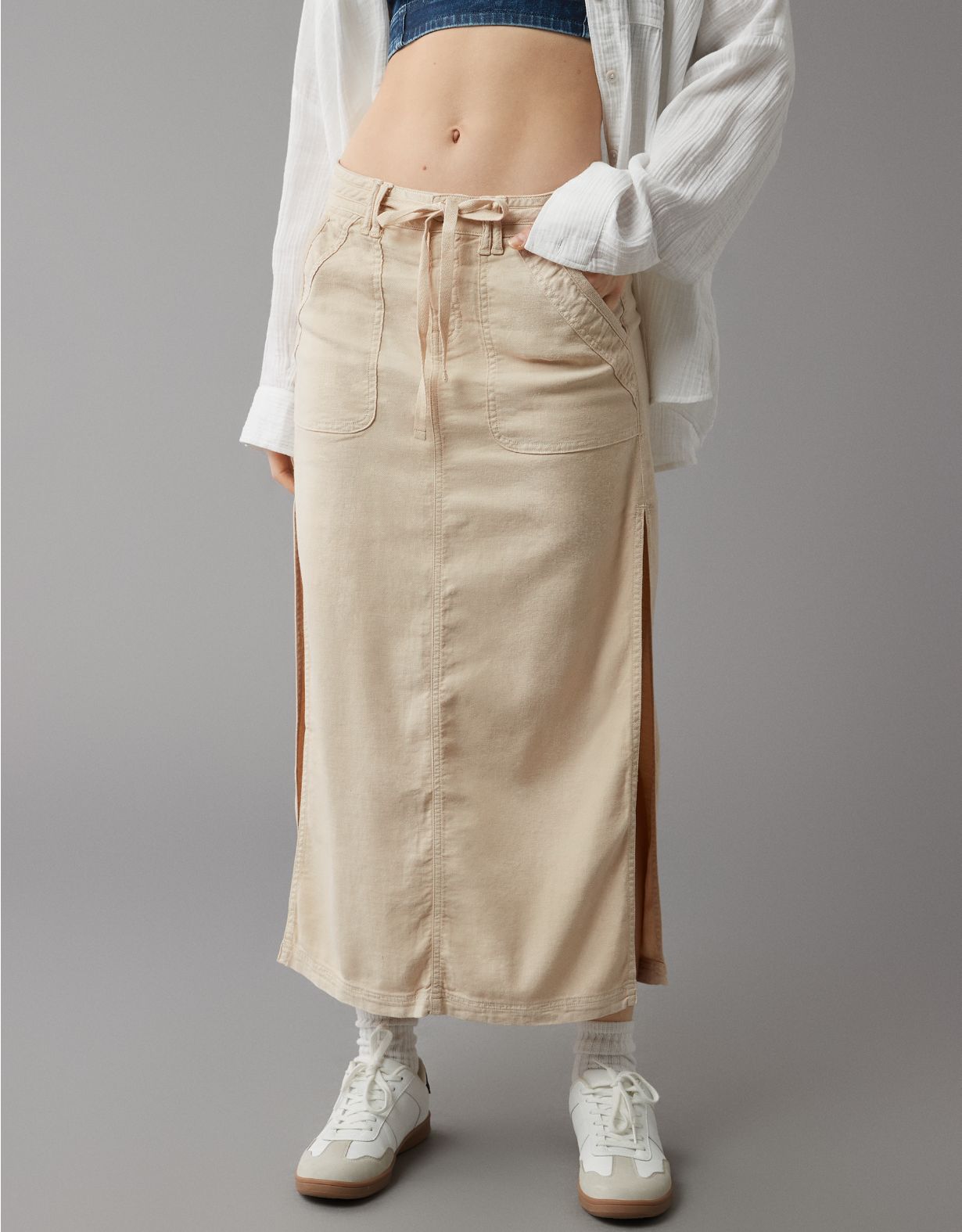 AE Dreamy Drape Linen-Blend Low-Rise Maxi Skirt