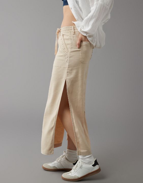 AE Dreamy Drape Linen-Blend Low-Rise Maxi Skirt