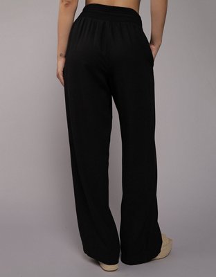 AE Linen-Blend Drawstring Smocked Pant