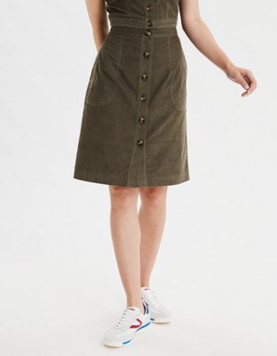 AE High-Waisted Corduroy Button Front Midi Skirt