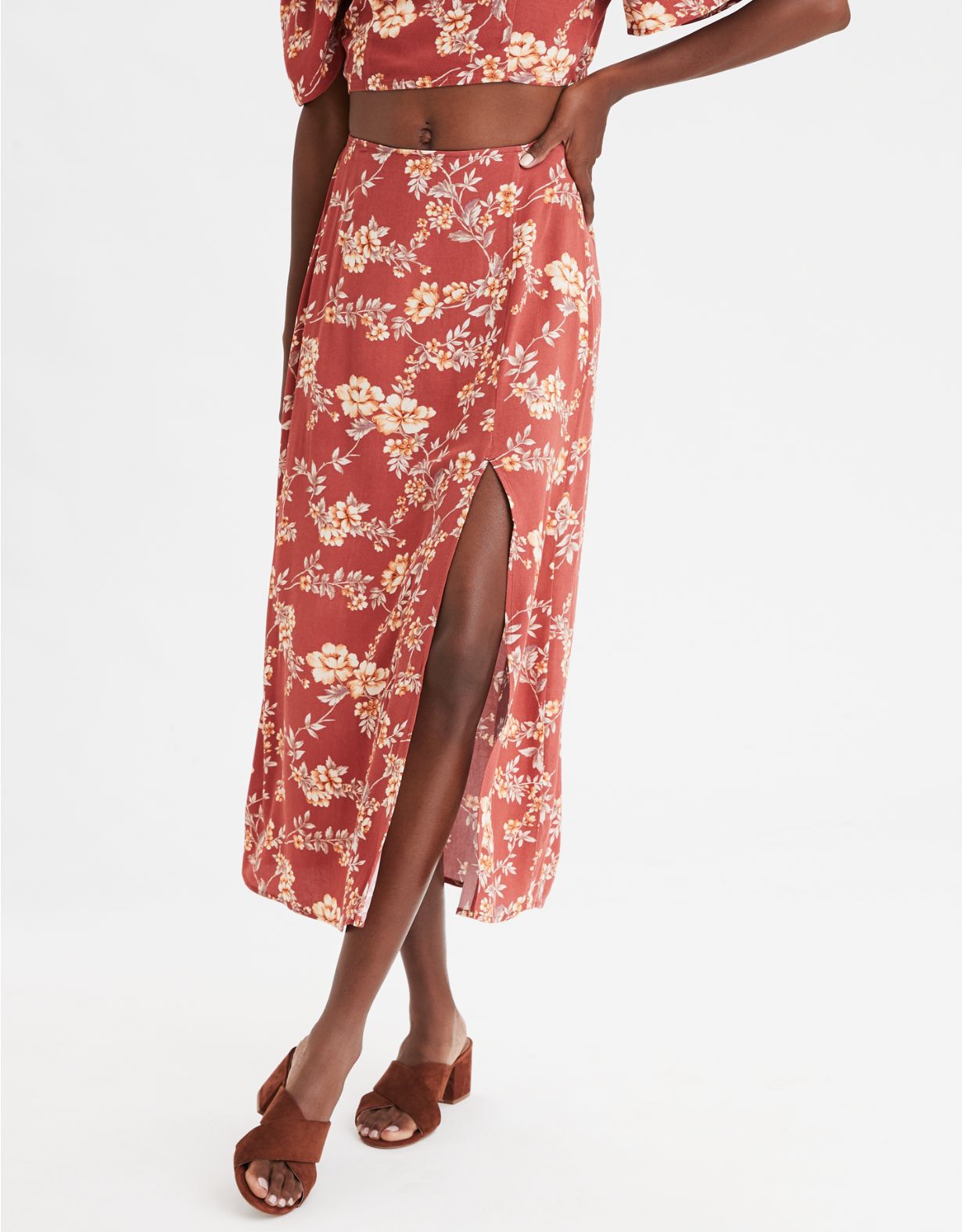 AE High-Waisted Floral Midi Skirt
