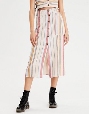 AE High-Waisted Button Front Midi Skirt