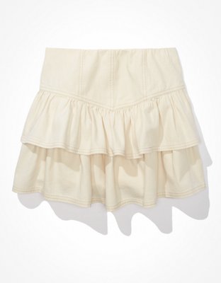 AE White Denim Ruffle Mini Skirt