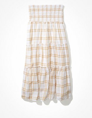 AE Plaid Smocked Waist Midi Skirt