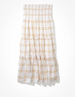 AE Plaid Smocked Waist Midi Skirt