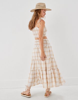 AE Plaid Smocked Waist Midi Skirt