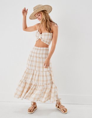 AE Plaid Smocked Waist Midi Skirt