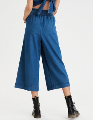 AE High-Waisted Denim Smocked Culotte