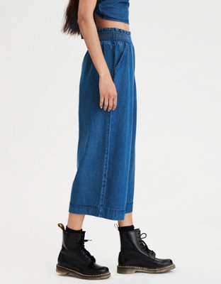 AE High-Waisted Denim Smocked Culotte