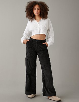 Women's Black Corduroy Pants, High Waist, Wide Leg, Straight Pants