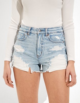 American Eagle denim distressed jean shorts high rise mom frayed cut off  style