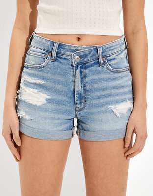 Buy American Eagle Women Blue Stretch Denim Mom Shorts at