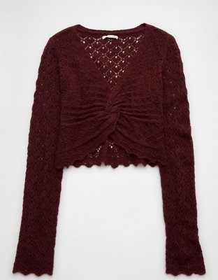 AE Pointelle Twist-Front Cropped Sweater