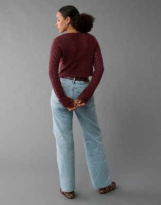 AE Pointelle Twist-Front Cropped Sweater