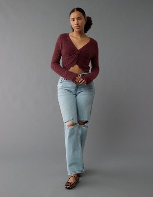 AE Pointelle Twist-Front Cropped Sweater