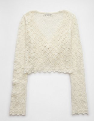 AE Pointelle Twist-Front Cropped Sweater