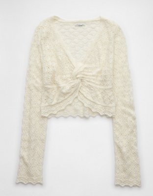 AE Pointelle Twist-Front Cropped Sweater