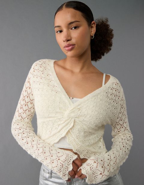 Женские свитеры American Eagle AE Pointelle Twist-Front Cropped Sweater