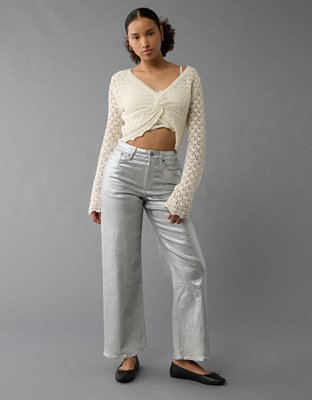 AE Pointelle Twist-Front Cropped Sweater