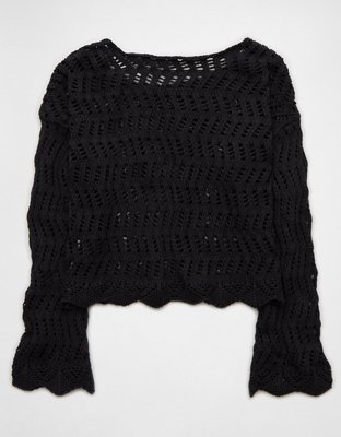 AE Boat Neck Bell Sleeve Crochet Sweater