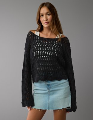 AE Boat Neck Bell Sleeve Crochet Sweater