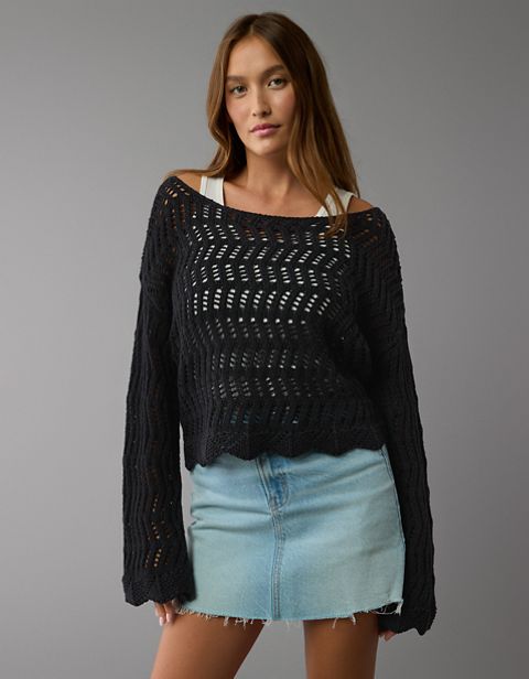 Женские свитеры American Eagle AE Boat Neck Bell Sleeve Crochet Sweater