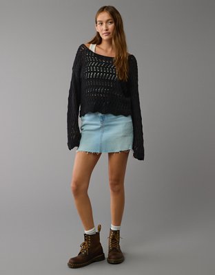 AE Boat Neck Bell Sleeve Crochet Sweater