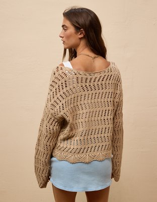 AE Boat Neck Bell Sleeve Crochet Sweater